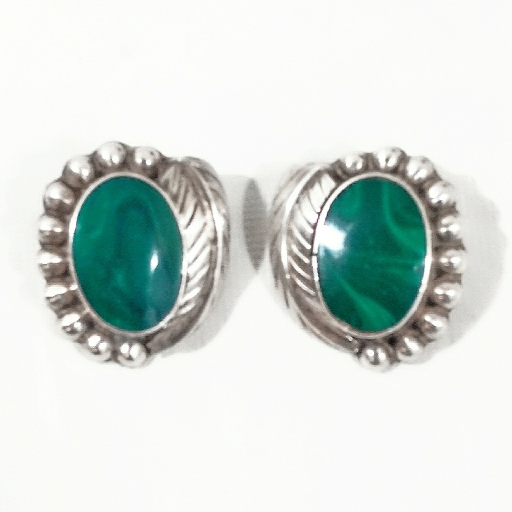 Vintage Oversized Sterling Silver Malachite Taxco Earrings